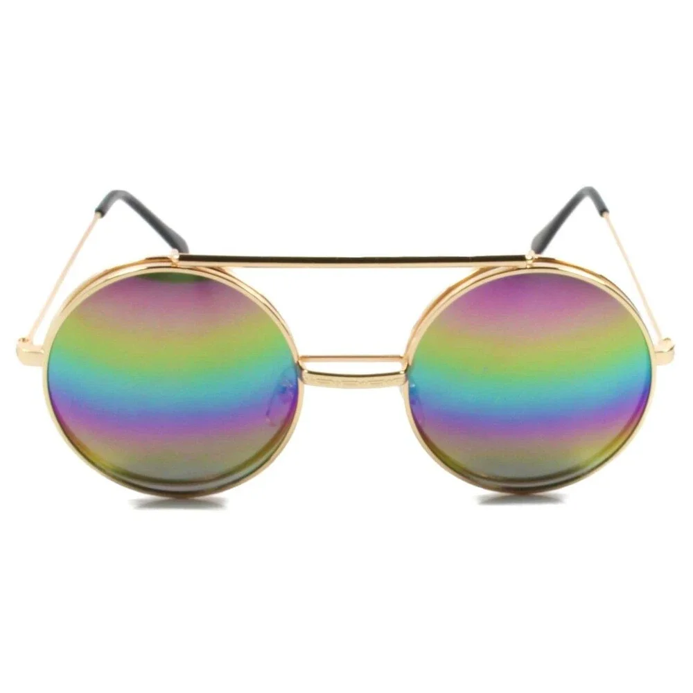 Vintage Retro Hip Steampunk Gold Rainbow Mirrored Lens Round Circle Sun Glasses